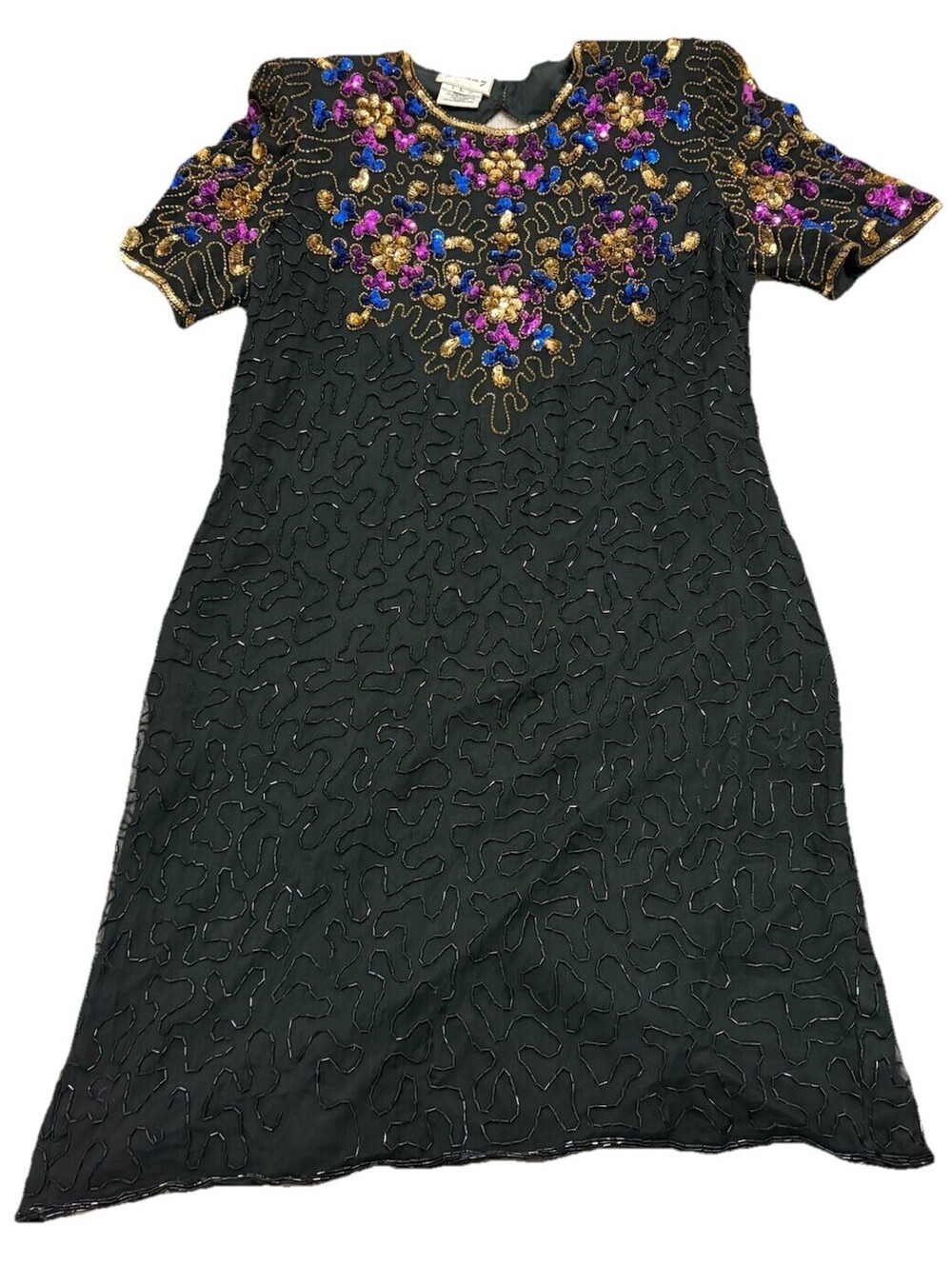 VINTAGE STENAY 1990 SILK AND SEQUIN BEADED BLACK MULTI COCKTAIL DRESS SIZE L